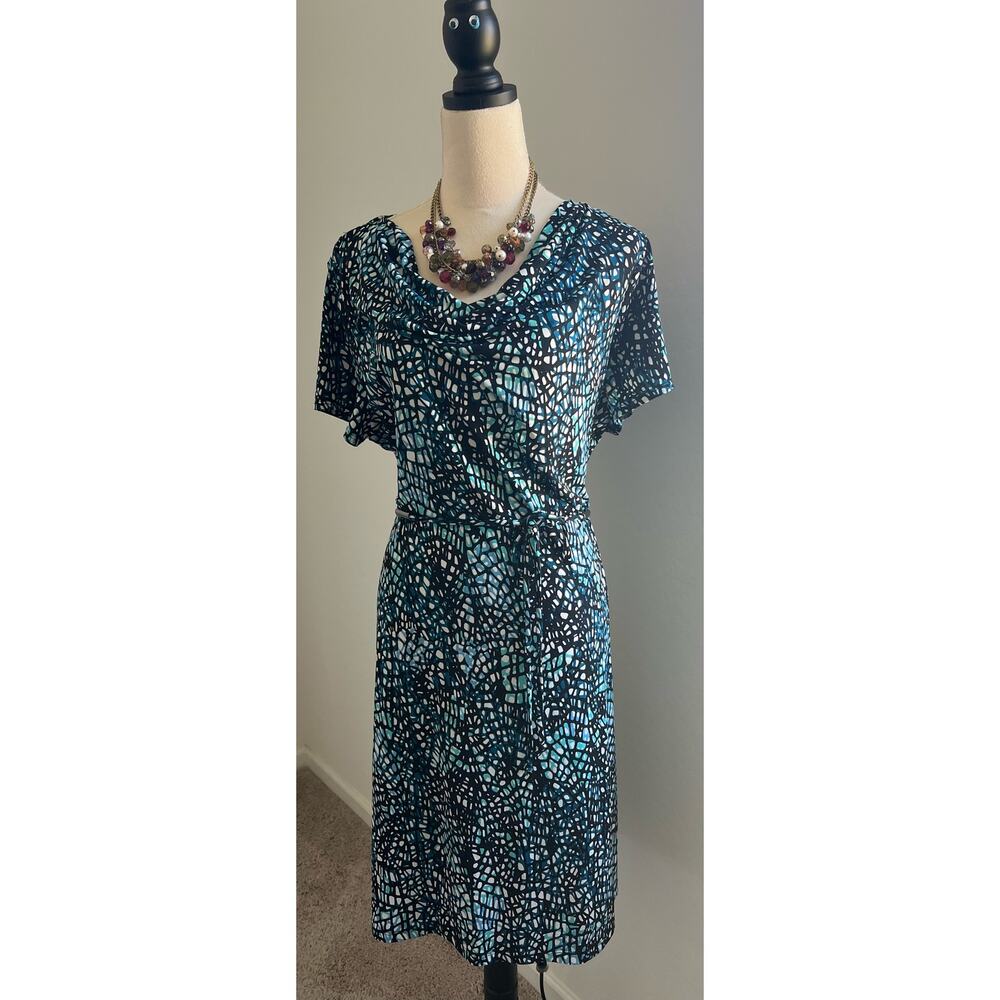 George Fit and Flare‎ Blue Black Geometric Short Sleeve Cowl Neck Tie Dress Sz
